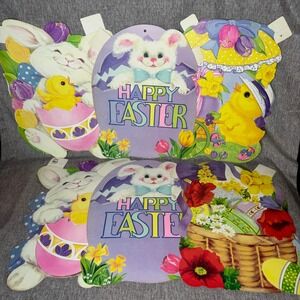 Vintage Die-Cut Easter Decor Set of 6 Bunny Chick Basket Eggs Flowers Large